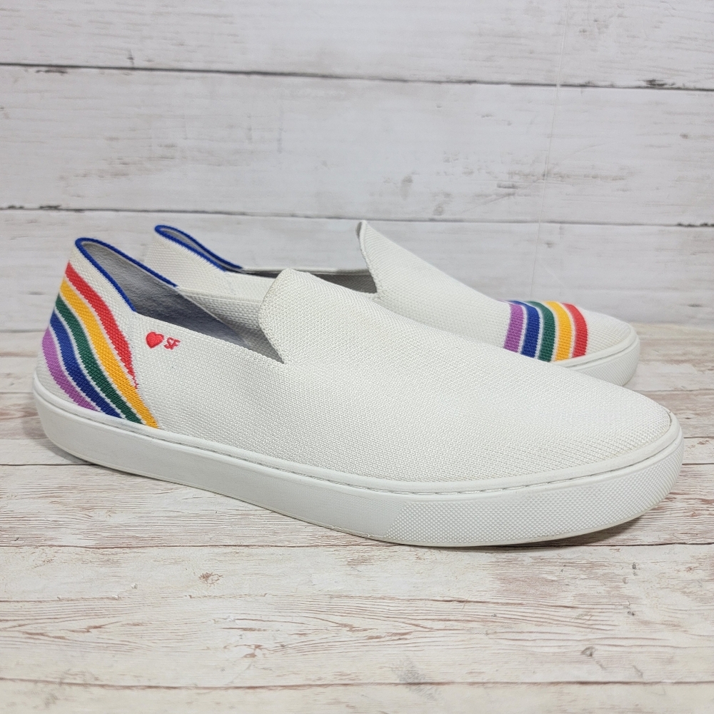 Rothy's White Slip-On Sneakers with Rainbow Stripes